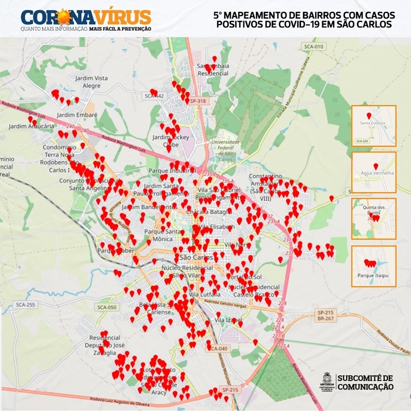 Mapeamento de bairros com casos positivos de Covid-19 chega a 5ª edição em São Carlos