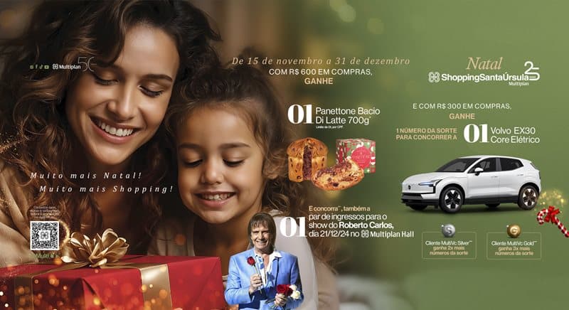 Natal do ShoppingSantaÚrsula sorteia Volvo EX30 Core elétrico, ingressos para show do Roberto Carlos e presenteia com panetones