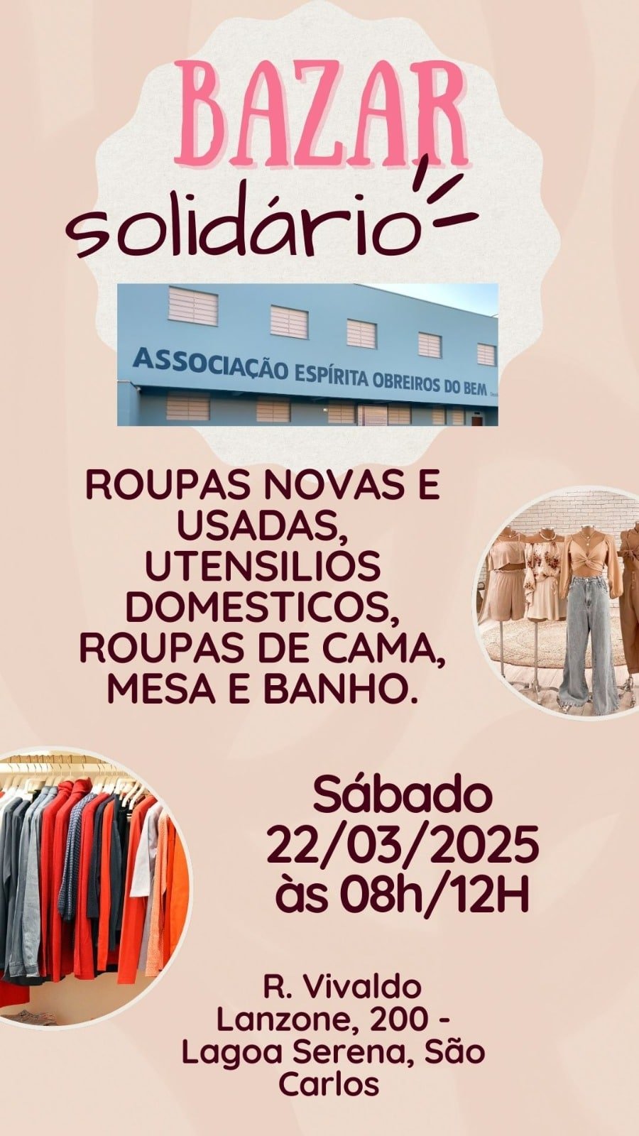 Bazar Solidário neste sábado, das 8h às 12h